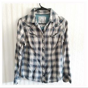 Roma Collection Plaid Snap Down Slim Fit Top Sz M